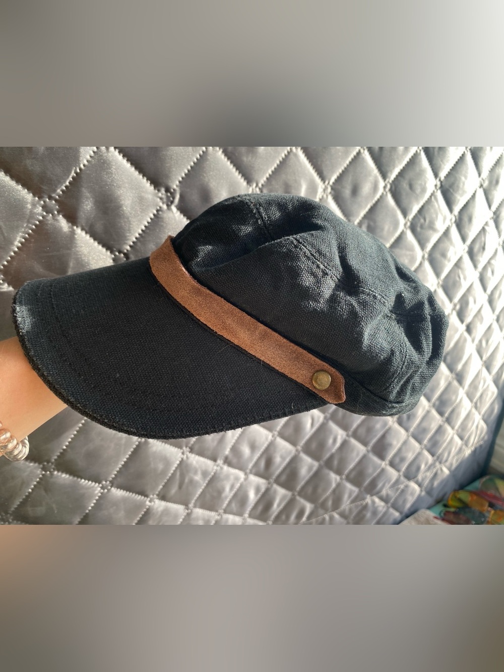 Vintage America Canvas Baker Boy Cap – cotton/linen Black & Suede
